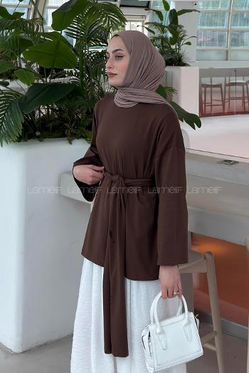 Lamelif Kemer Bağlamalı Tunik Kahverengi