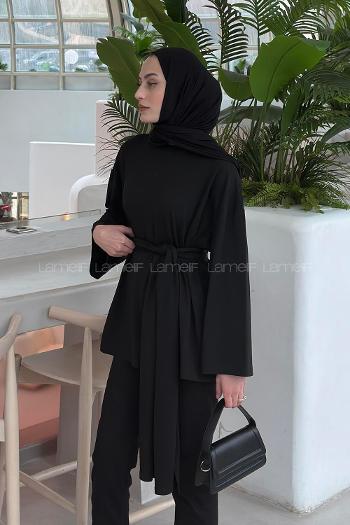Lamelif Kemer Bağlamalı Tunik Siyah