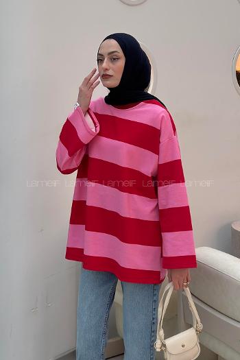 Lamelif Kol Arma Detayli Çizgili Sweat Pembe