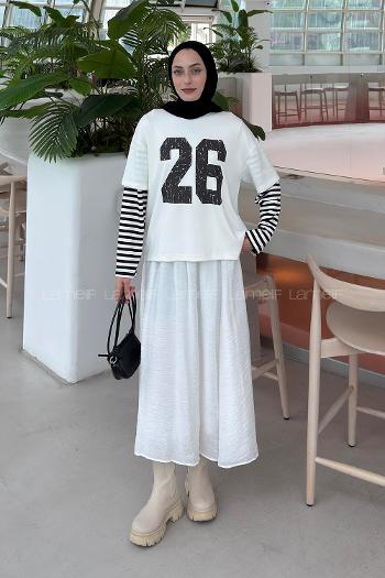 Lamelif Kolları Çizgili Ön Arka Baskı Detaylı Sweatshirt Acı Kahve