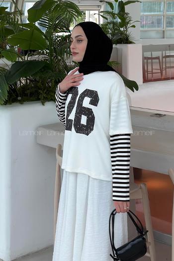 Lamelif Kolları Çizgili Ön Arka Baskı Detaylı Sweatshirt Acı Kahve