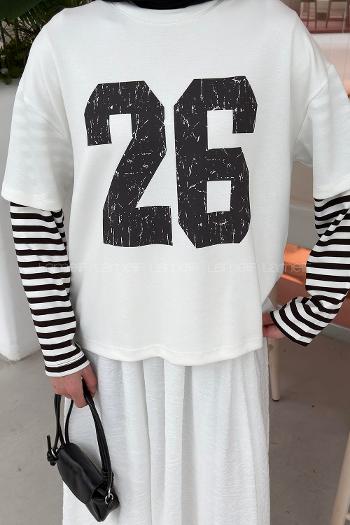 Lamelif Kolları Çizgili Ön Arka Baskı Detaylı Sweatshirt Acı Kahve