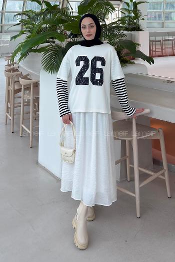Lamelif Kolları Çizgili Ön Arka Baskı Detaylı Sweatshirt Beyaz