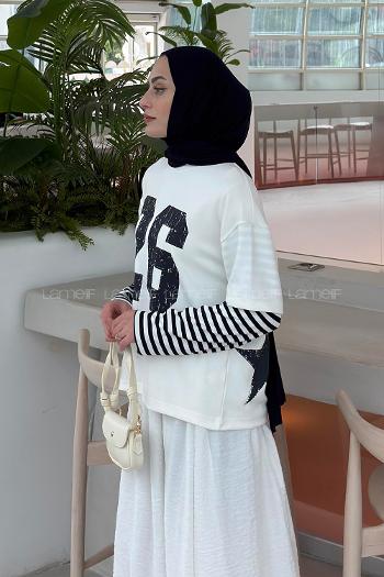 Lamelif Kolları Çizgili Ön Arka Baskı Detaylı Sweatshirt Beyaz