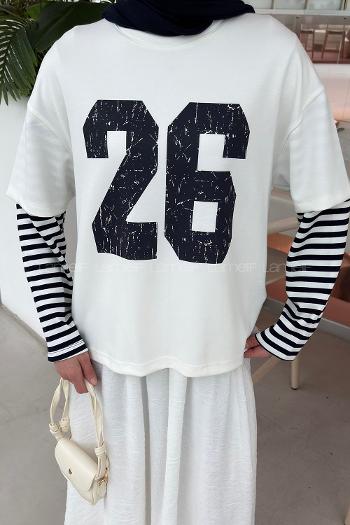 Lamelif Kolları Çizgili Ön Arka Baskı Detaylı Sweatshirt Beyaz