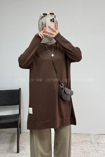 Lamelif Kristal Arma Detaylı Sweat Acı Kahve