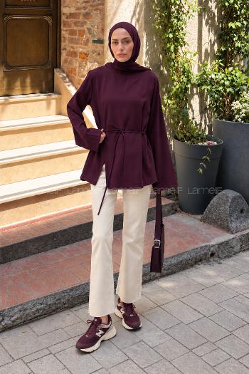 Lamelif Sırt Bağlama Detaylı Tensel Gömlek Mürdüm
