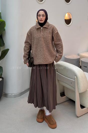 Lamelif Yarım Fermuar Yaka Polar Sweatshirt Bej
