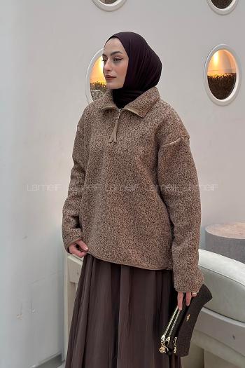 Lamelif Yarım Fermuar Yaka Polar Sweatshirt Bej