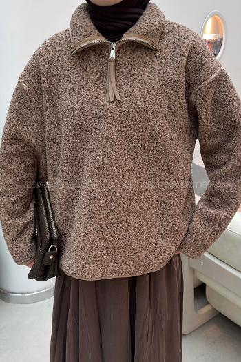 Lamelif Yarım Fermuar Yaka Polar Sweatshirt Bej