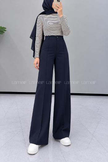 Lamelif Çımalı Bol Paça Pantolon Lacivert