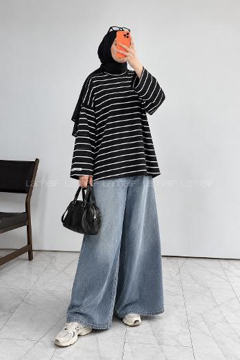 Lamelif Çizgili Oysho Sweat Siyah