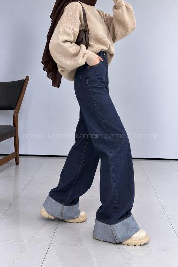 Lamelif Kıvrık Paça Jean Koyu Mavi