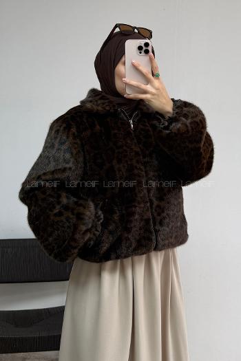 Lamelif Leopar Desenli Kürk Kahverengi