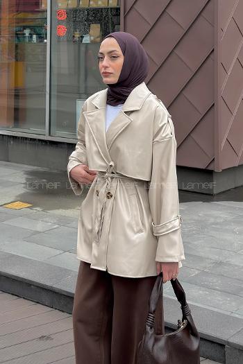 Lamelif Omuz Apoletli Deri Trençkot Bej