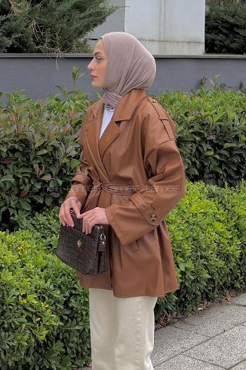 Lamelif Omuz Apoletli Deri Trençkot Kahverengi