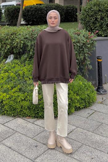 Brown Crew Neck Long Arm Unprinted Sweatshirt