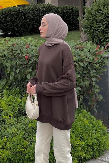 Brown Crew Neck Long Arm Unprinted Sweatshirt