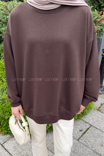 Brown Crew Neck Long Arm Unprinted Sweatshirt