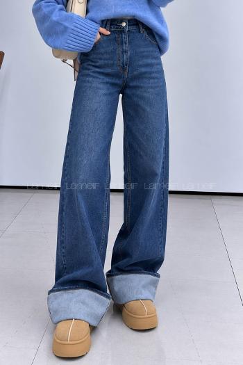 Lamelif Paça Kıvırmalı Flare Pantalon Koyu Mavi