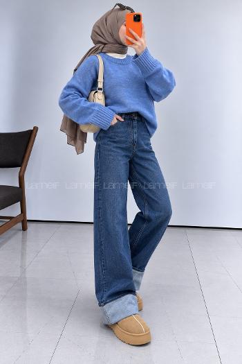 Lamelif Paça Kıvırmalı Flare Pantalon Koyu Mavi