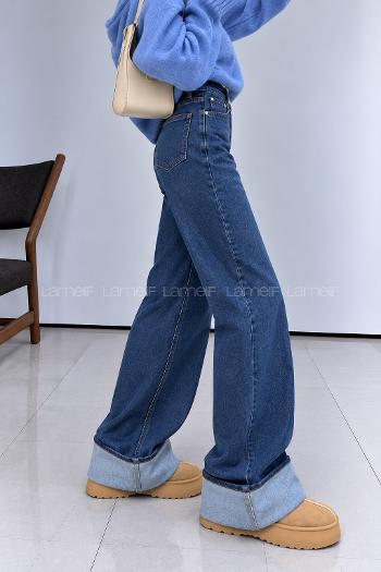 Lamelif Paça Kıvırmalı Flare Pantalon Koyu Mavi