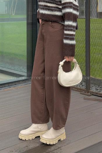 Lamelif Yüksek Bel Gabardin Fit Pantolon Kahverengi
