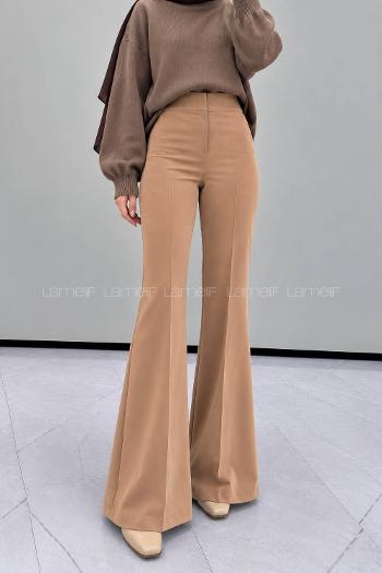 Lamelif Yüksek Bel İspanyol Paça Gizli Cep Pantolon Camel