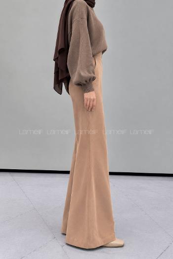 Lamelif Yüksek Bel İspanyol Paça Gizli Cep Pantolon Camel