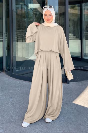 Beige Crew Neck Long Arm Without Accessories Regular Trousers Suit