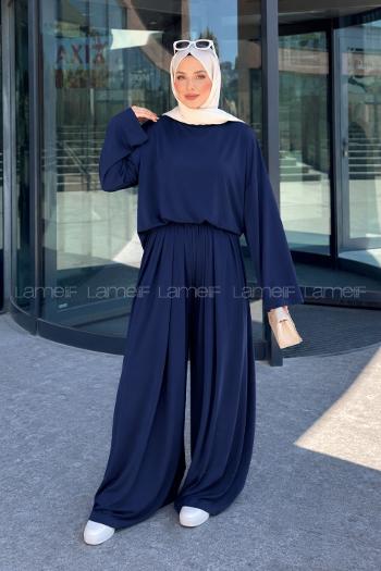 Navy Blue Crew Neck Long Arm Without Accessories Regular Trousers Suit