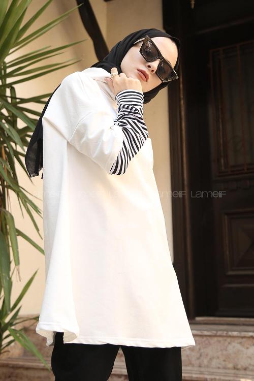 Lamelif Kolu Çizgi Detaylı  Kapüşonlu Sweat Ekru