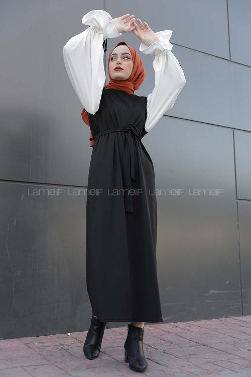 Lamelif Balon Kol Kemerli  Tesettür Elbise Siyah