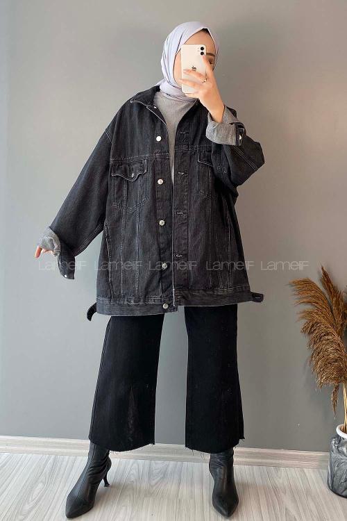 Lamelif Çift Cepli Oversize Ceket Siyah