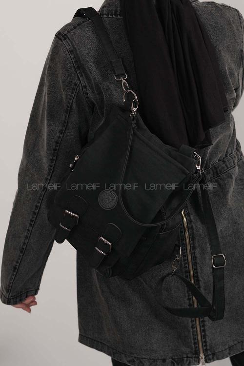 Lamelif  Krinkıl Kumaş Sırt Ve Kol Çantası Siyah