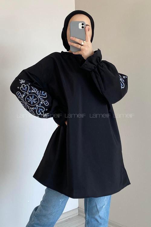Lamelif Kol Baskılı Tunik Siyah