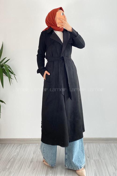 Black Long Arm Suede Trench Coat