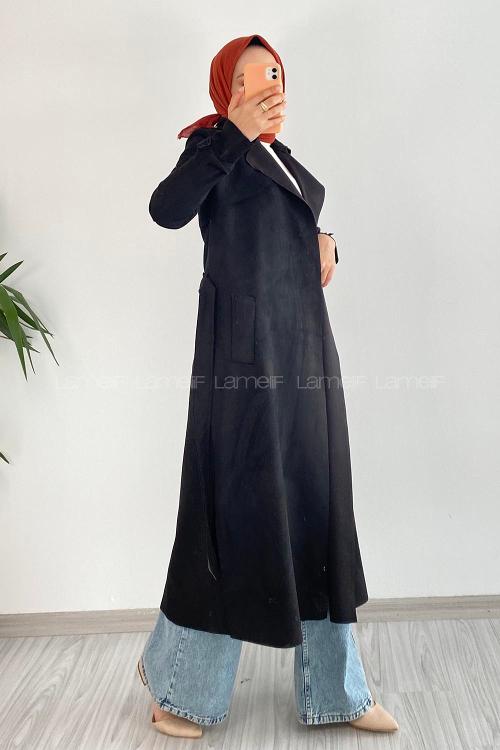 Black Long Arm Suede Trench Coat