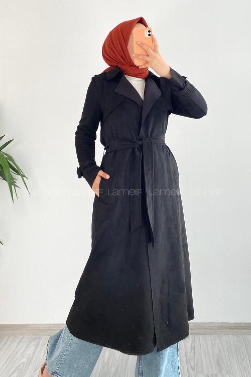 Black Long Arm Suede Trench Coat