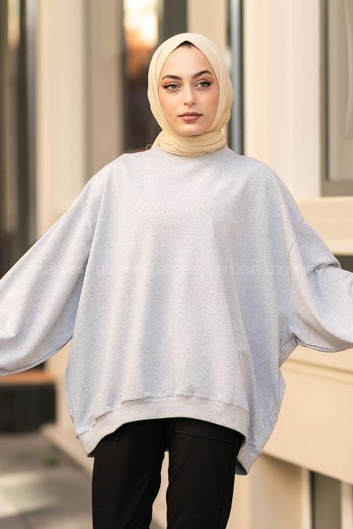 Lamelif Balon Kol Yaka Ve Etek Ucu Manşetli Bol Sweat Gri