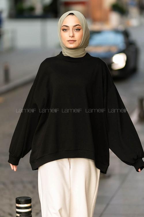 Black Hood Neck Balloon Sleeve Arm Printed Sweatshirt