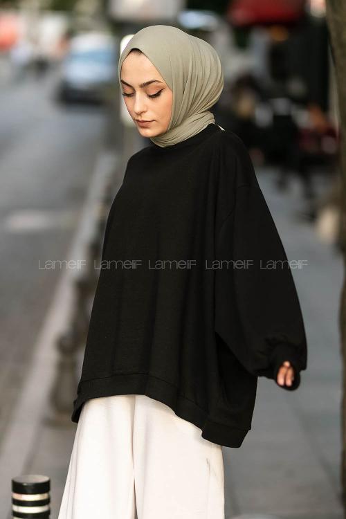 Black Hood Neck Balloon Sleeve Arm Printed Sweatshirt