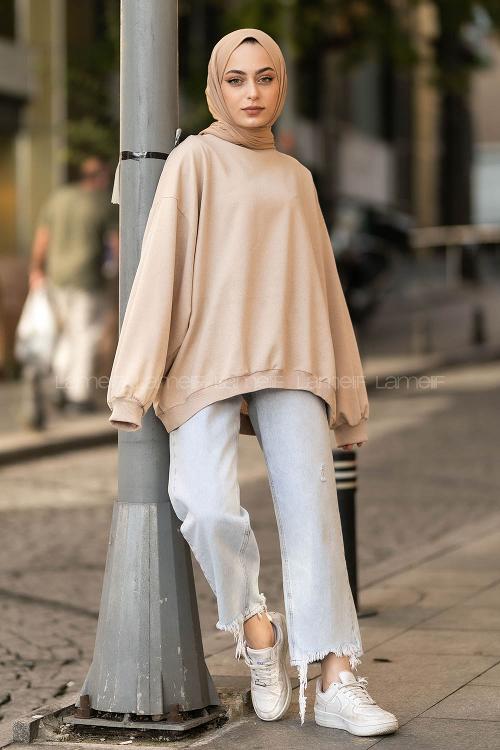 Lamelif Balon Kol Yaka Ve Etek Ucu Manşetli Bol Sweat Sütlükahve