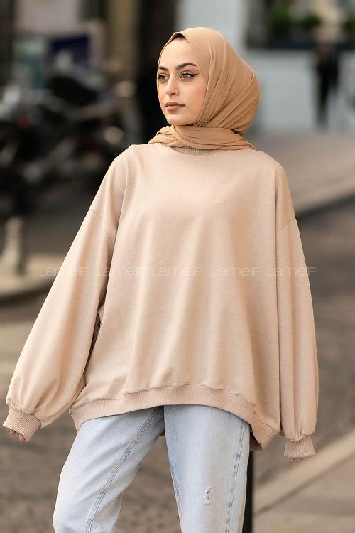 Lamelif Balon Kol Yaka Ve Etek Ucu Manşetli Bol Sweat Sütlükahve