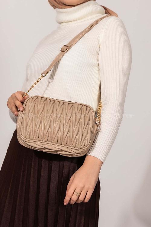 Lamelif Kadın Çok Bölmeli Kapitone Çapraz Çanta Vizonrengi