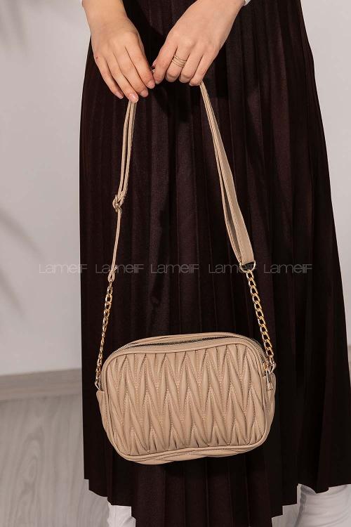 Lamelif Kadın Çok Bölmeli Kapitone Çapraz Çanta Vizonrengi