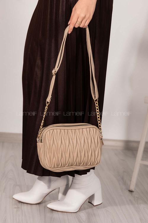 Lamelif Kadın Çok Bölmeli Kapitone Çapraz Çanta Vizonrengi