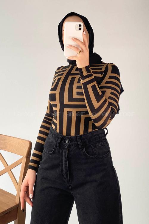 Lamelif Yarım Balıkçı Yaka Geometrik Desen Body Sütlükahve