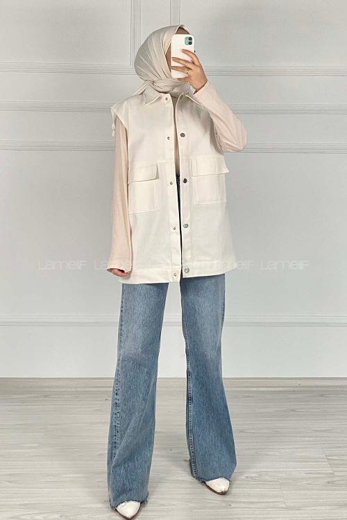 Lamelif Önü Çıtçıt Düğmeli Yelek Ekru