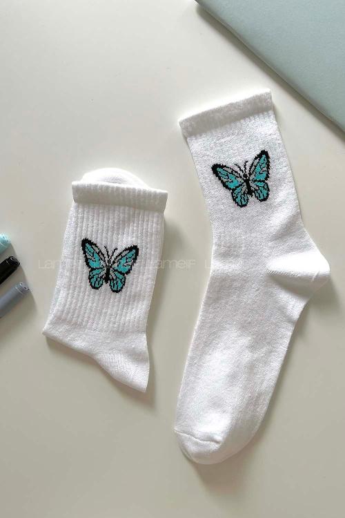 Lamelif Kelebek Desenli Beyaz Kolej Çorap